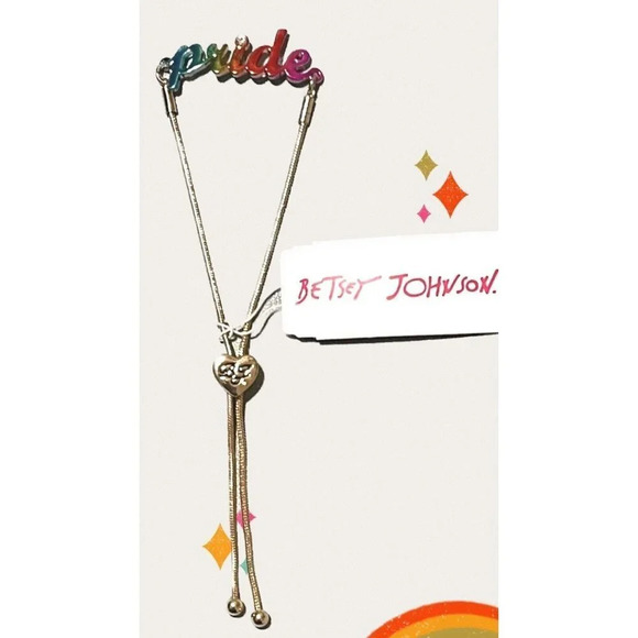 Betsey Johnson Gold-Tone Logo Rainbow Pride Statement Script Slider Bracelet - Picture 1 of 3
